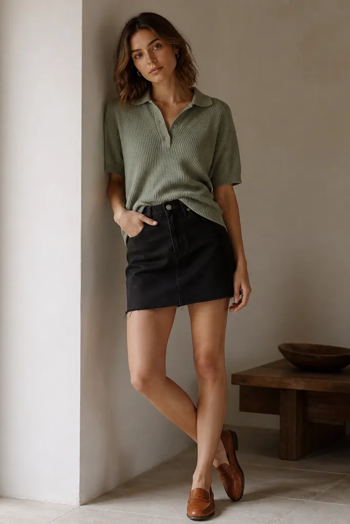 A short black denim skirt styled with a sage green knit polo shirt. The polo is half-tucked, with a collar visible. Cognac leather loafers finish the outfit.