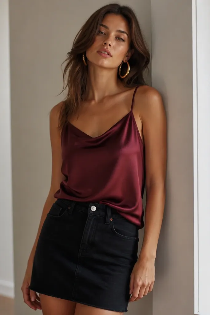 A short black denim skirt paired with a burgundy satin cami. The cami drapes slightly and is tucked or styled with a slight front tuck. Gold hoop earrings are visible.