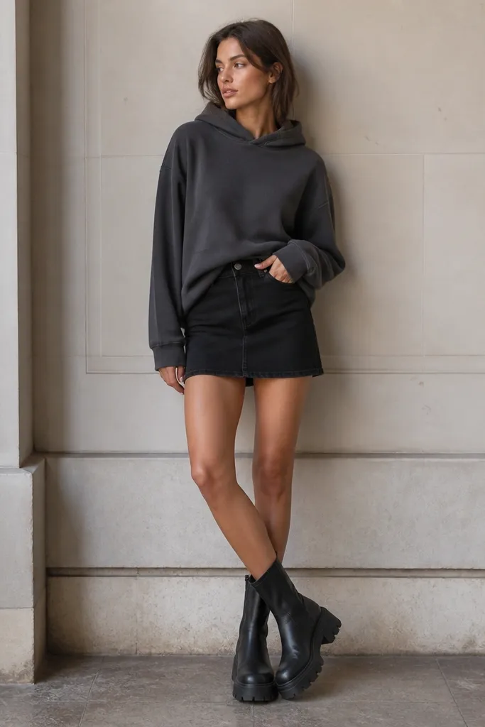 A short black denim skirt worn with a charcoal hoodie. The hoodie is worn with a slight front tuck. Chunky black boots with a thick sole complete the look.