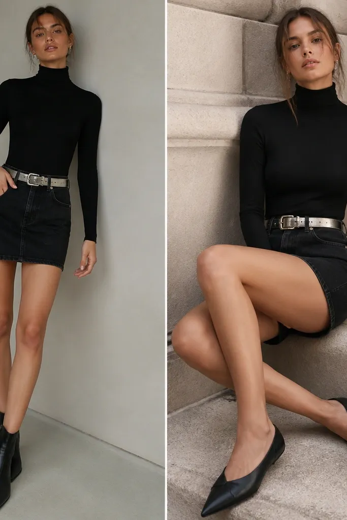 A black turtleneck bodysuit tucked into a short black denim skirt. A silver metallic belt sits at the waist. The outfit is shown with black pointed flats or ankle boots.