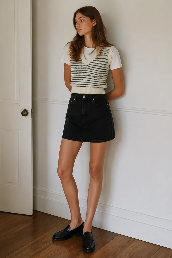 A sweater vest with thin stripes over a white tee, worn with a short black denim skirt. The vest is fitted and ends at the high waist. Loafers are worn underneath.