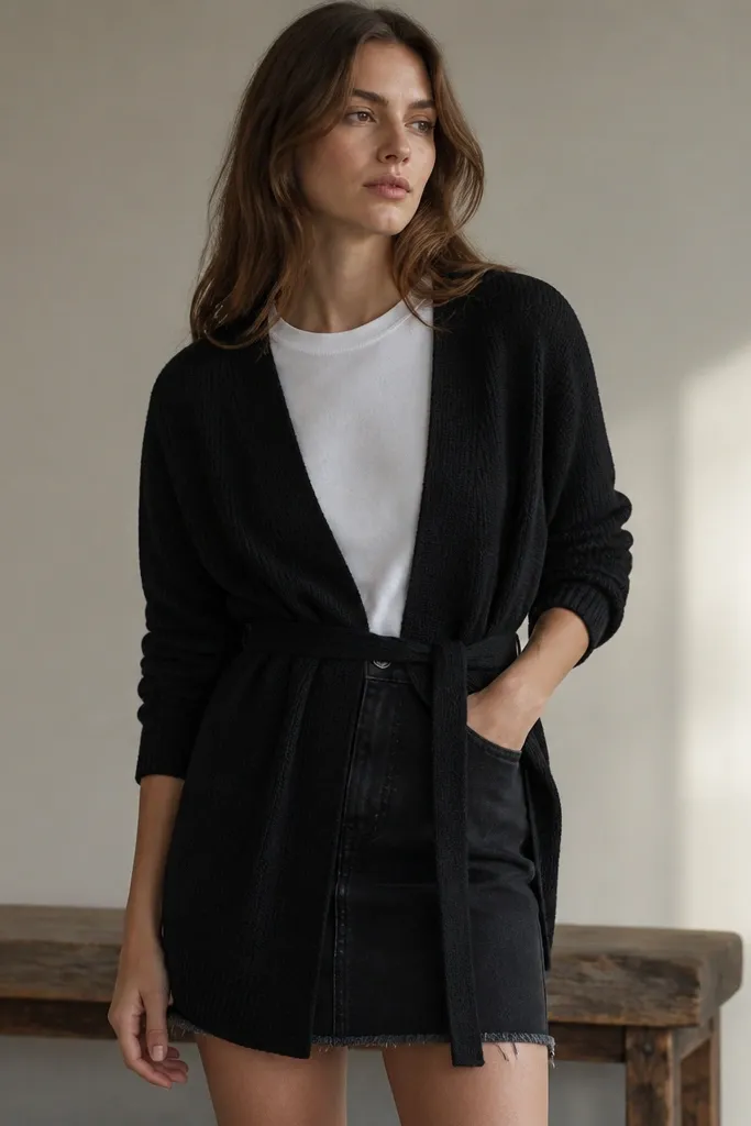 A black cardigan with a belt tie worn over a white tee. The cardigan is cinched at the waist, showing the black denim skirt above the knee.
