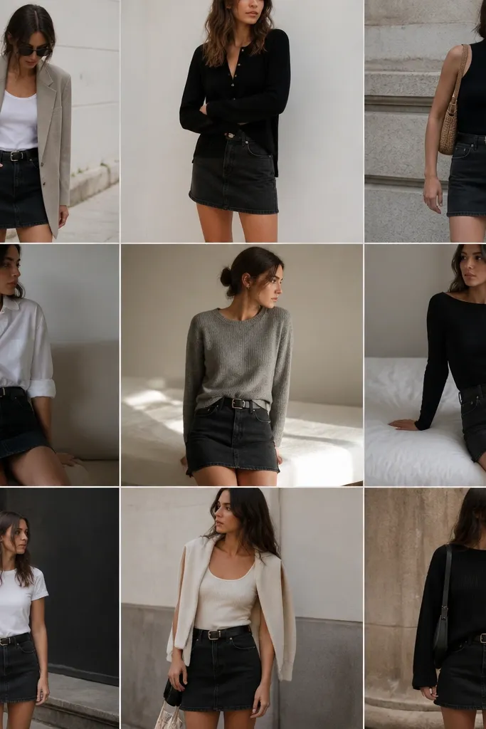 Year round black denim skirt outfit ideas for short skirts
