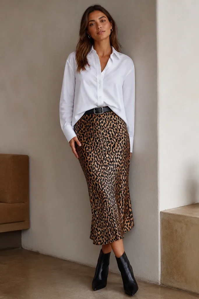 A white oxford button-down is half-tucked into a leopard satin skirt. A black belt cinches the waist. The outfit includes black ankle boots and small hoop earrings.