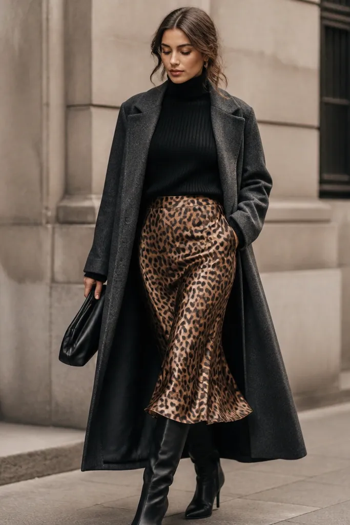 A charcoal rib turtleneck sweater is styled with a leopard satin skirt. The outfit includes knee-high black boots and a long wool coat in gray. The leopard skirt catches light at each step.
