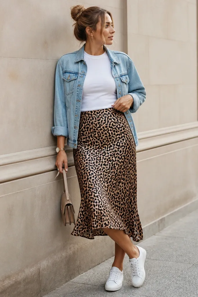 A light wash denim jacket is worn with a leopard satin midi skirt. The outfit includes a fitted white t-shirt and white low-top sneakers. A simple watch and small bag finish the look.