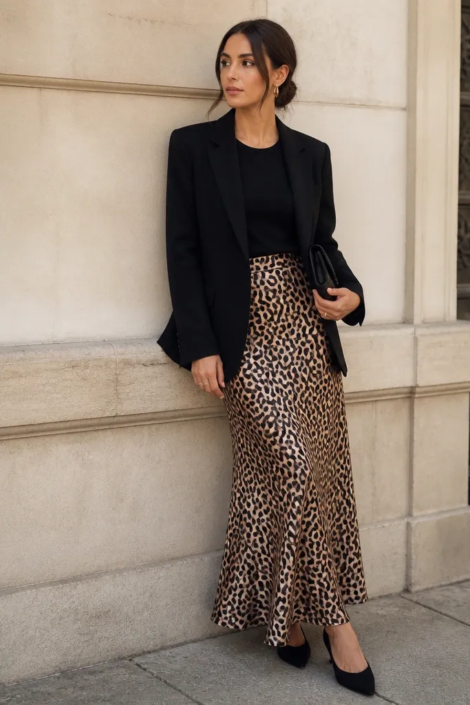 A black blazer with a smooth finish is worn over a plain top. The leopard satin skirt is the focus. The outfit includes pointed black flats and a sleek clutch.