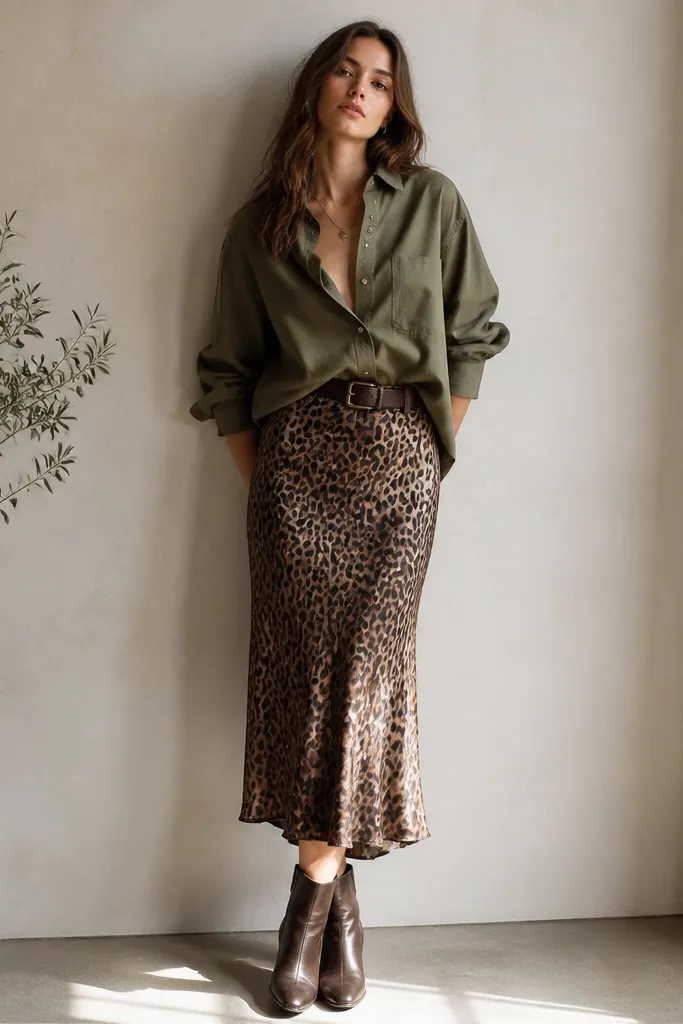 An olive oversized button-up shirt is worn partially open over a leopard satin skirt. Brown ankle boots and a belt are visible. The outfit has a relaxed, slightly tucked waistline.
