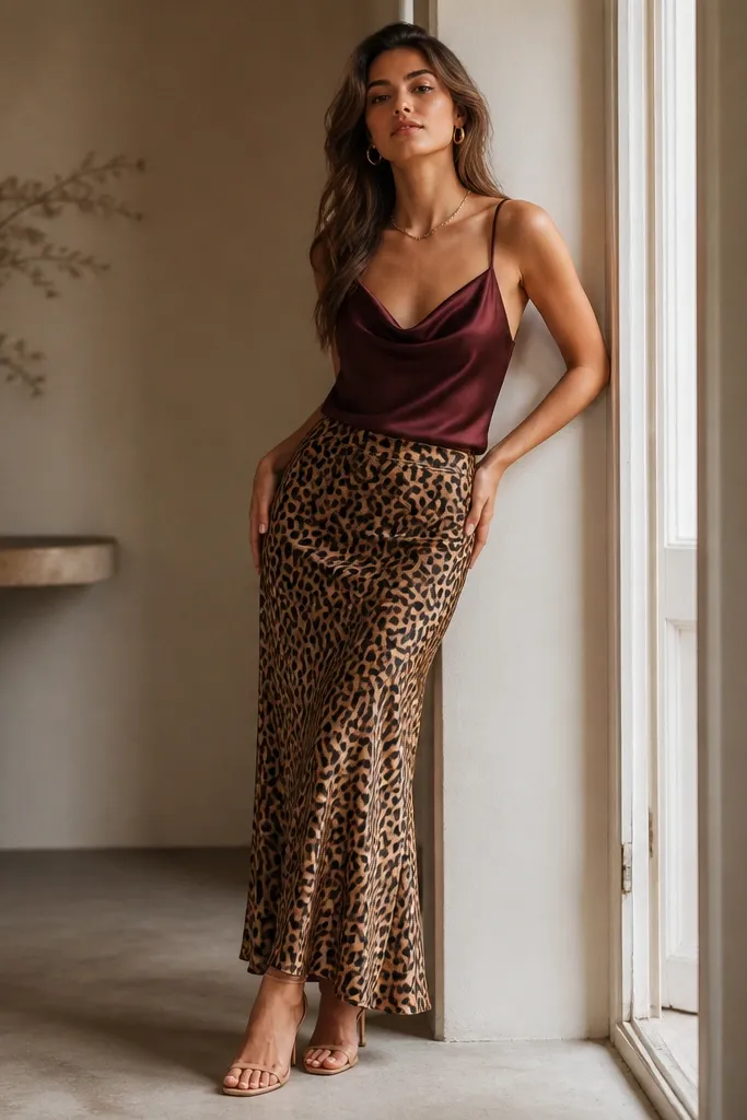 A burgundy satin camisole is paired with a leopard satin skirt. Gold hoop earrings and a small gold chain are visible. The look includes neutral heels.