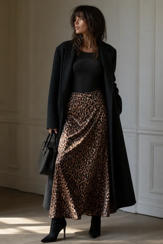 A black fitted knit bodysuit is tucked into a leopard satin maxi skirt. A long dark coat covers the top half. The outfit includes black heeled boots and a structured handbag.
